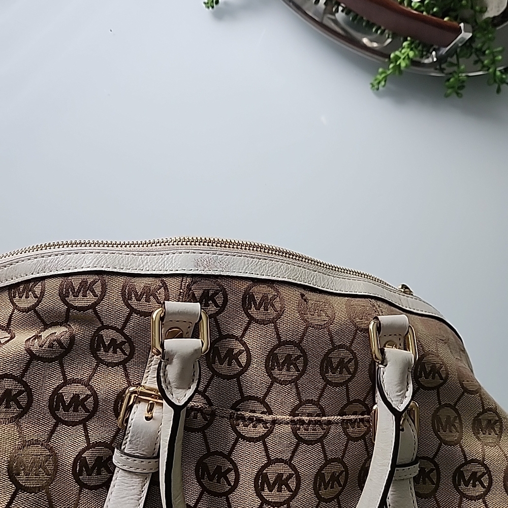 Michael Kors Beige Monogram Satchel with Pink Trim - Picture 13 of 15